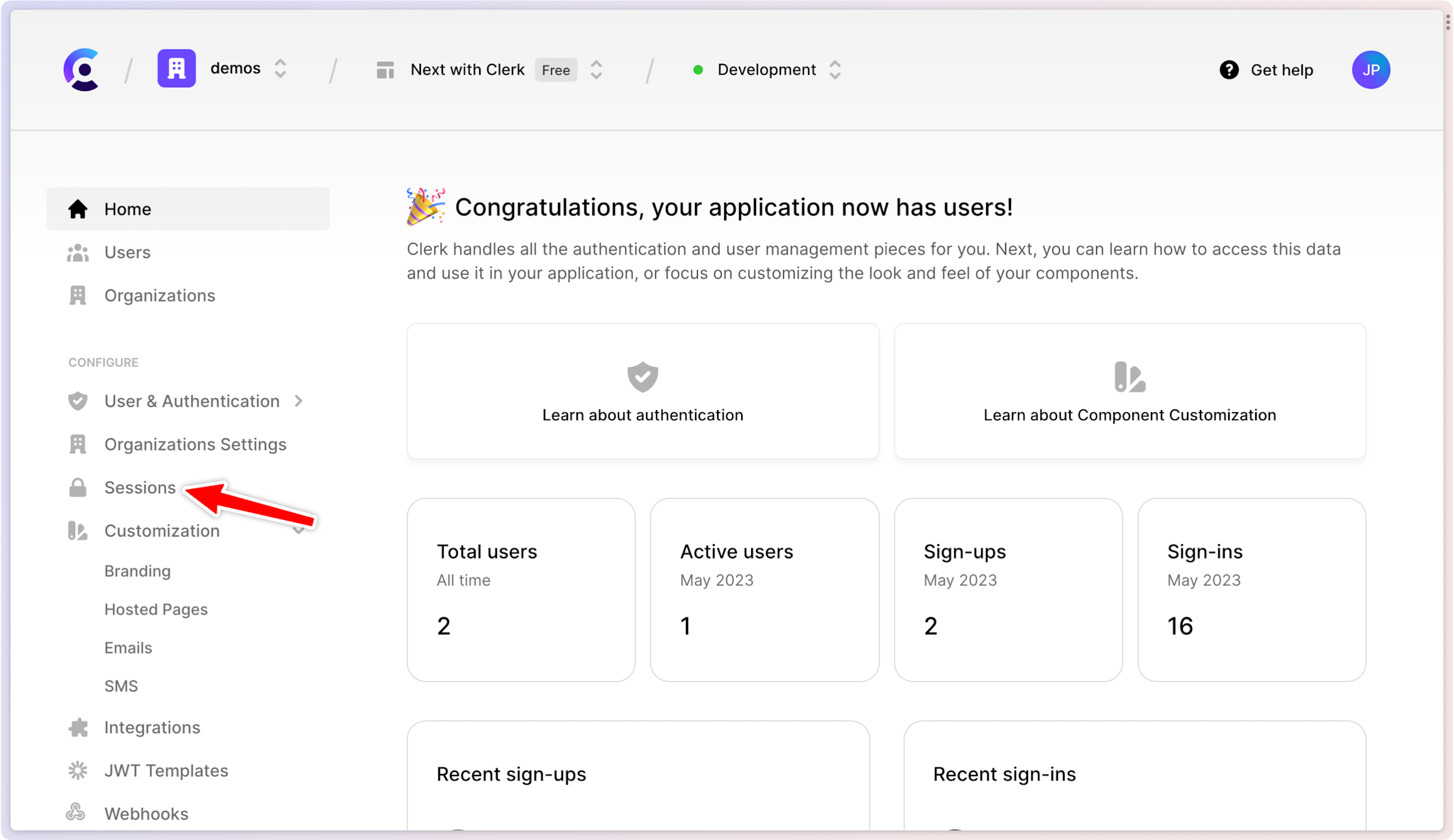 Clerk Dashboard with a session token