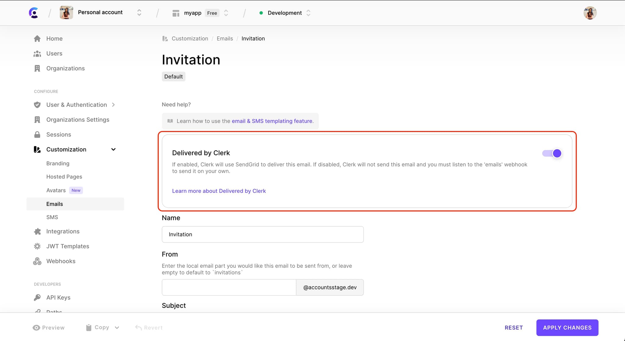 The 'Invitation' email template customization page. There is a red box around the 'Delivered by Clerk' section.