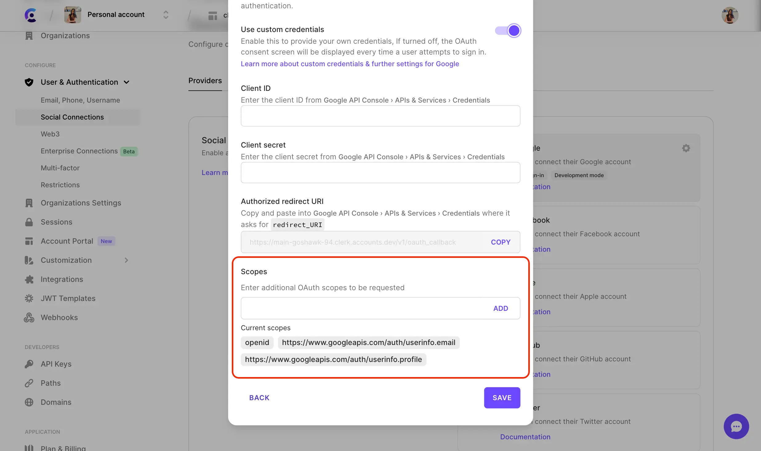 The 'Scopes' section of a social connections' settings modal.