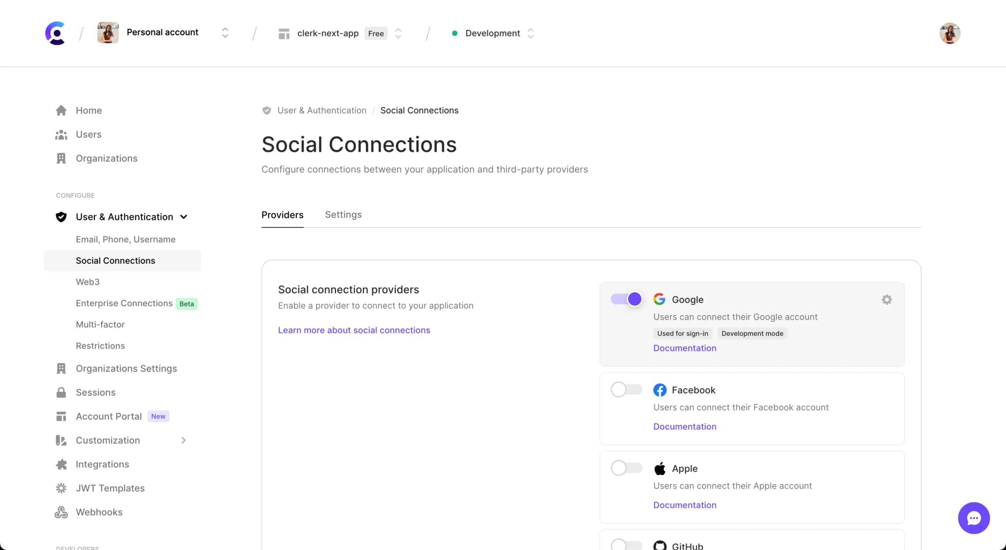 The Social Connections page in the Clerk Dashboard, which includes a list of social connection providers and a toggle to enable them.