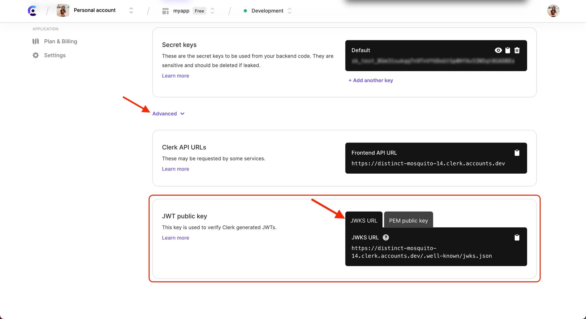 The 'API Keys' page in the Clerk Dashboard. There is a red box around the 'JWT public key' section, with a red arrow pointing to the 'JWKS URL' tab of the code example.