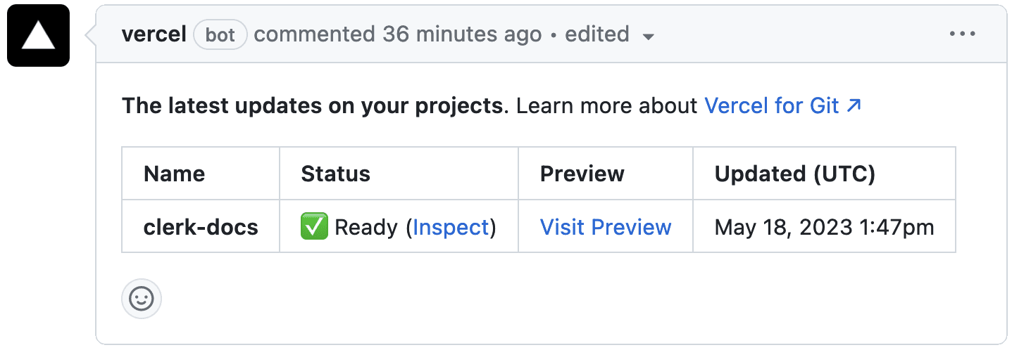 A comment on a GitHub pull request from the Vercel bot showing a preview link of your project