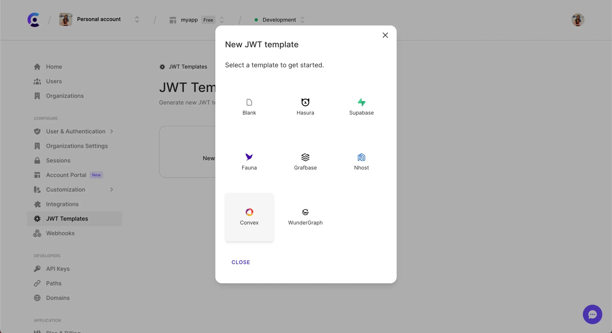 The JWT Templates page in the Clerk Dashboard. The 'New template' button was clicked, and a pop up titled 'New JWT template' is shown. The 'Convex' template is hovered over.