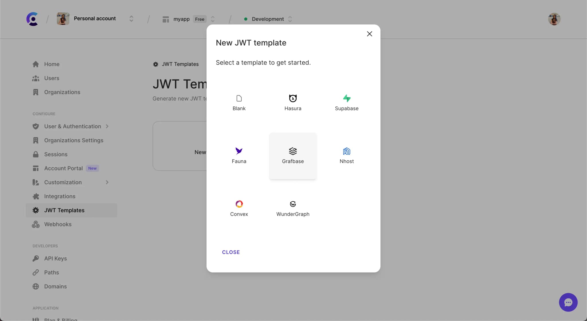 The JWT Templates page in the Clerk Dashboard. The 'New template' button was clicked, and a pop up titled 'New JWT template' is shown. The 'Grafbase' template is hovered over.